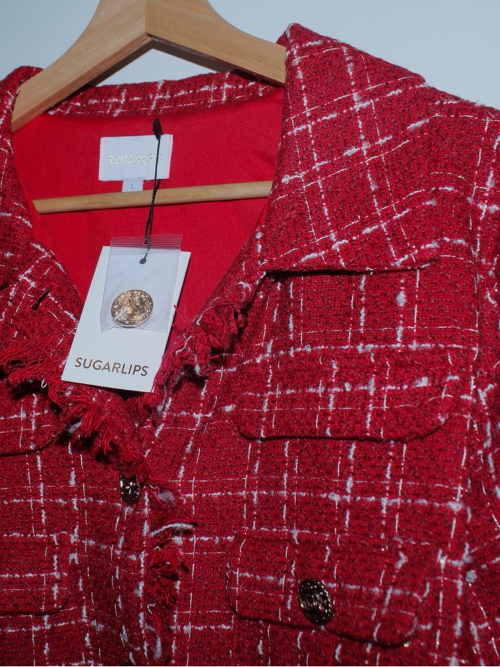 Sugarlips Red Tweed Fringe-Trim Button Jacket NWT Size L - Picture 5 of 12
